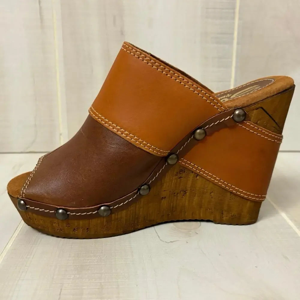Sbicca Vintage Collection Leather Platform Clogs Studded Brown Slip-On 39(8.5)